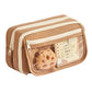 Brown rectangular pouch with a clear compartment containing a small plush toy and a card on a white background