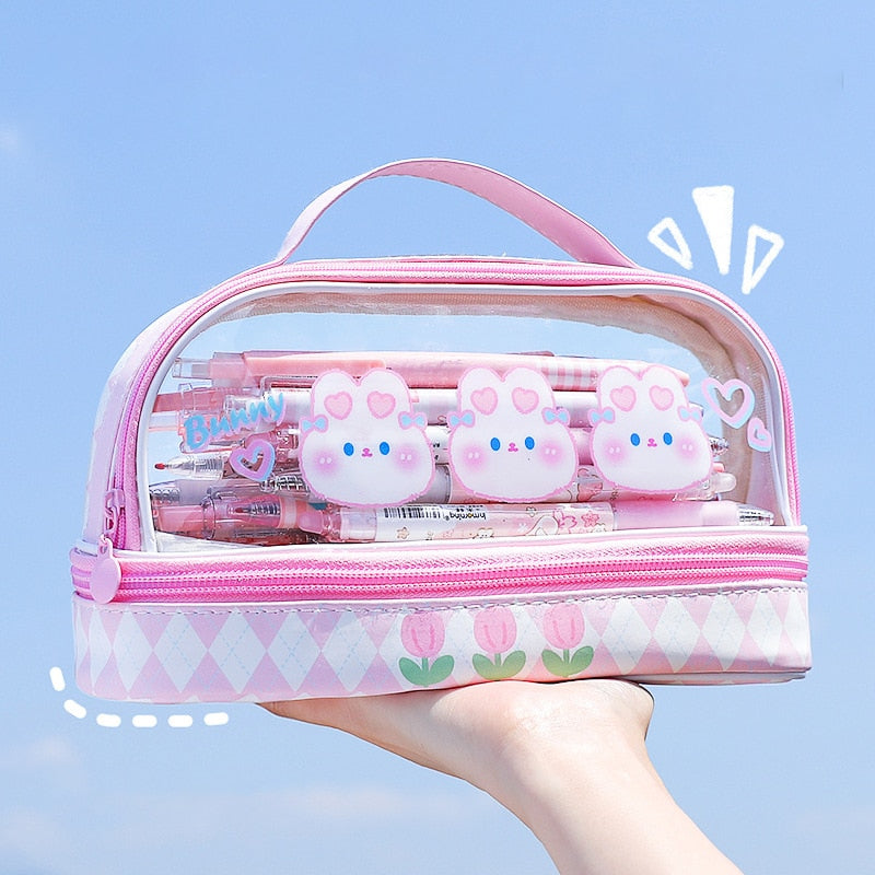 Cute Animals Transparent Pencil Case in Pink