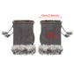 Pair of gray mittens with fur trim and measurements on a white background