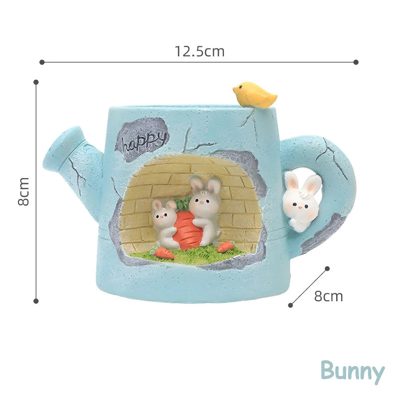 Teapot-shaped container with rabbit design and measurements on a white background