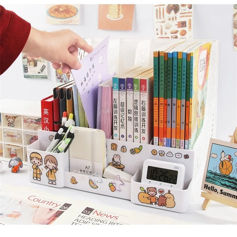 Desk organizer with books, stationery, and a small clock on a desk.