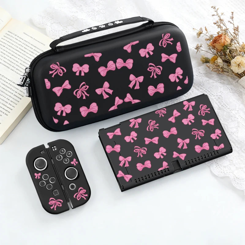 This is displaying the Cute Pink Bows Switch Case in the black edition on a white background and surface.