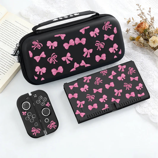 This is displaying the Cute Pink Bows Switch Case in the black edition on a white background and surface.