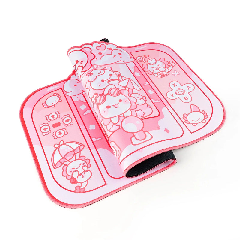 Pink cartoon axolotl themed mouse pad with character designs on a white background