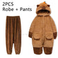 Brown robe and pants set with a bear design on a white background