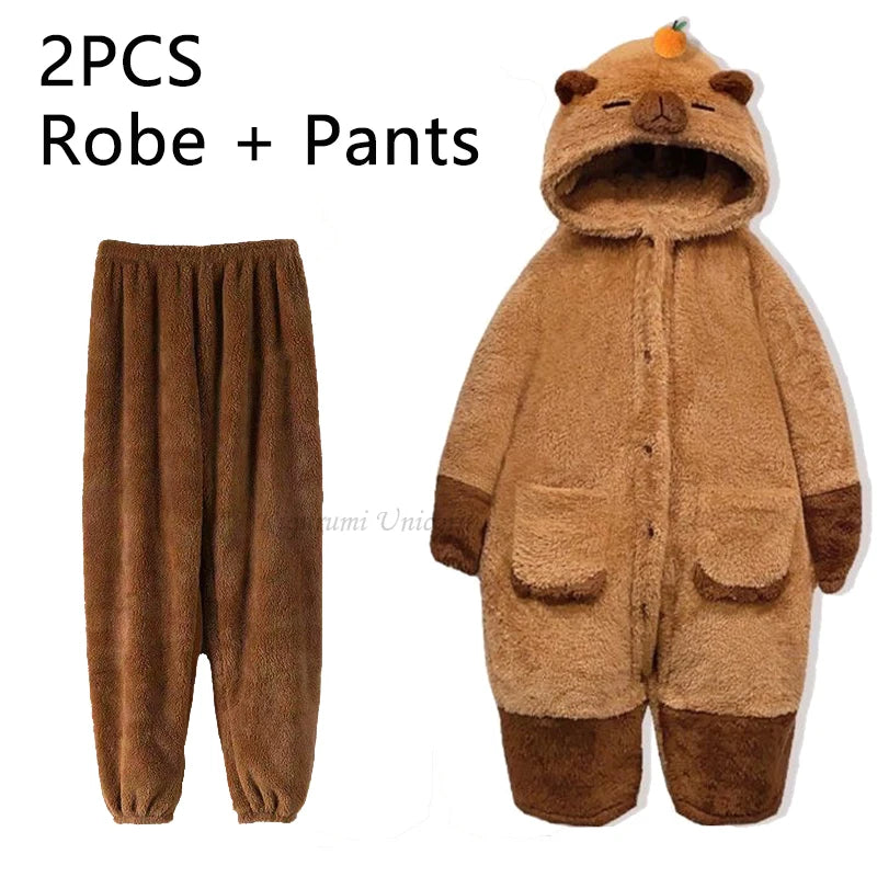 Brown robe and pants set with a bear design on a white background