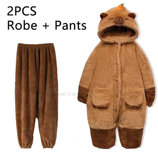 Brown robe and pants set with a bear design on a white background