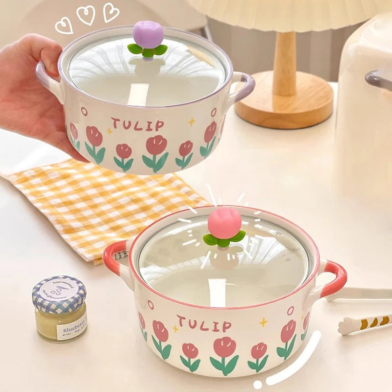 Kawaii purple and pink Flower Ramen Bowl Set with glass lids sitting on a countertop