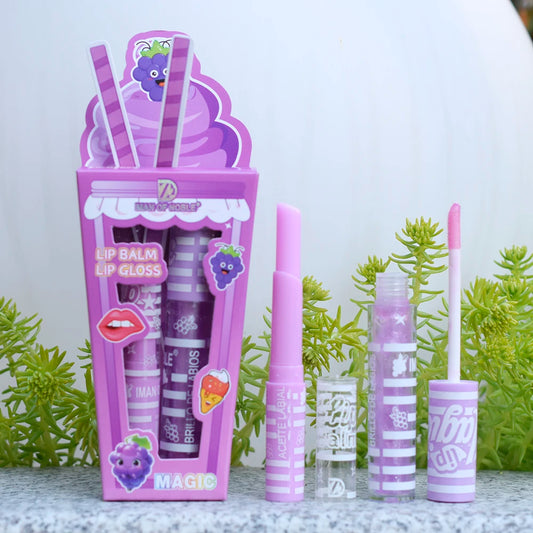 Purple grape flavor lip balm and lip gloss set with packaging on a white background