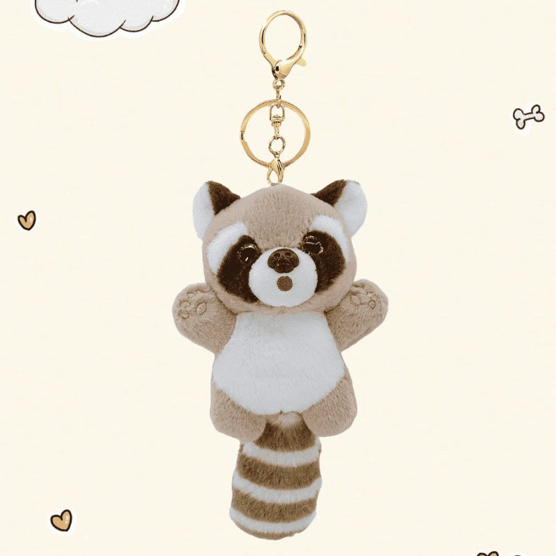 kawaii light grey raccoon plushie on a white background with small hearts