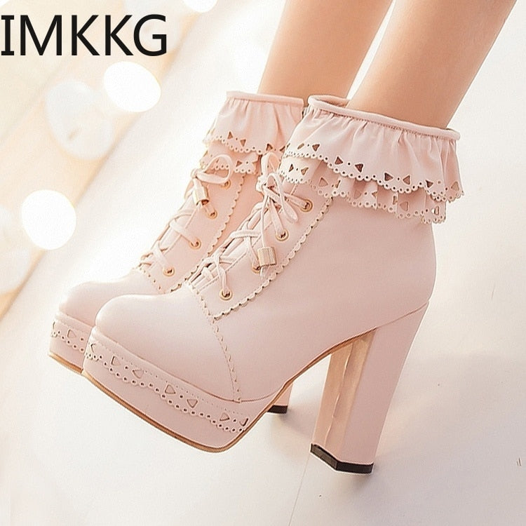 Kawaii Round Toe Lace Up Ankle Boots in Pink