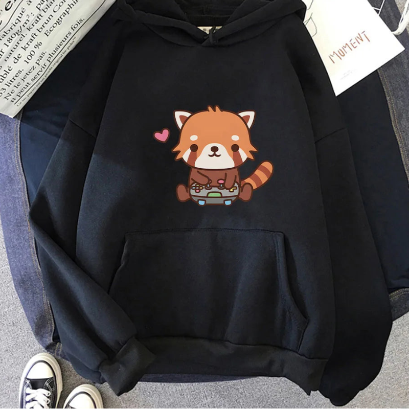 Black hoodie with a red panda design on a gray surface