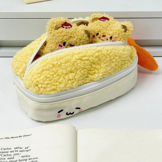 Kawaii yellow tempura shrimp plush pencil case with bears on a white surface. 