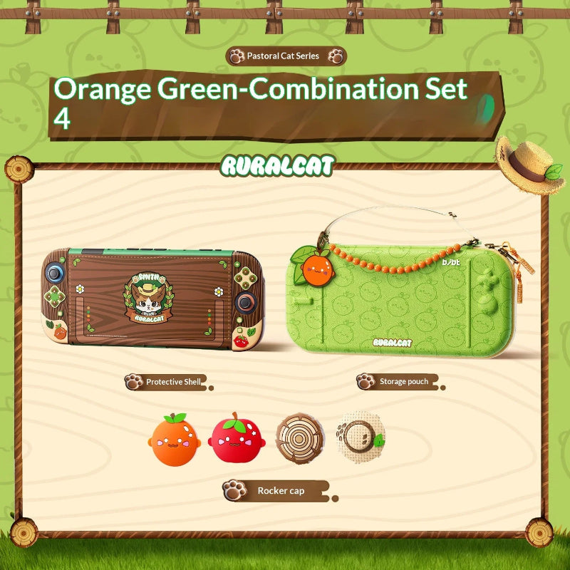 Two products with orange and green design on a green background, featuring 'Pastoral Cat Series' branding.