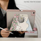 a women holding the Kawaii Tulips & Bunnies iPad Case being displayed on an ipad, bunnies in a tulip meadow with fluffy white clouds and blue sky is on the case itself. the ipad on its side being propped by the case.