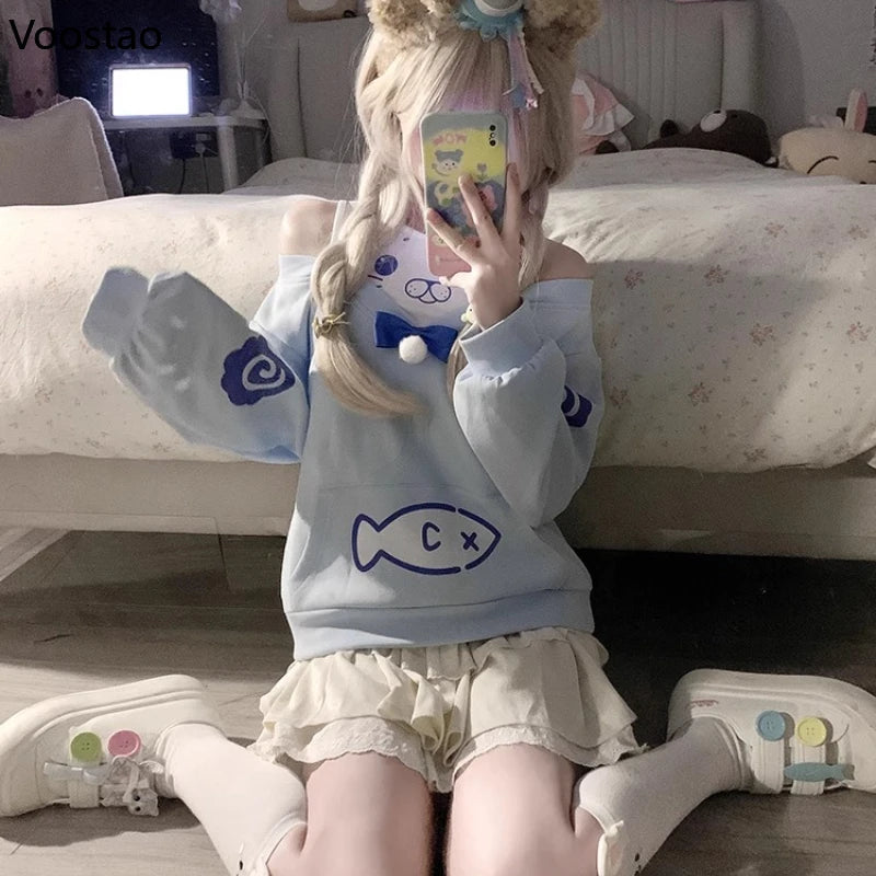 Kawaii Blue Seal Two Piece off Shoulder Hoodie with woman taking selfie 