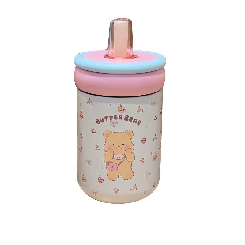Kawaii cup with bear design and pink lid on a white background