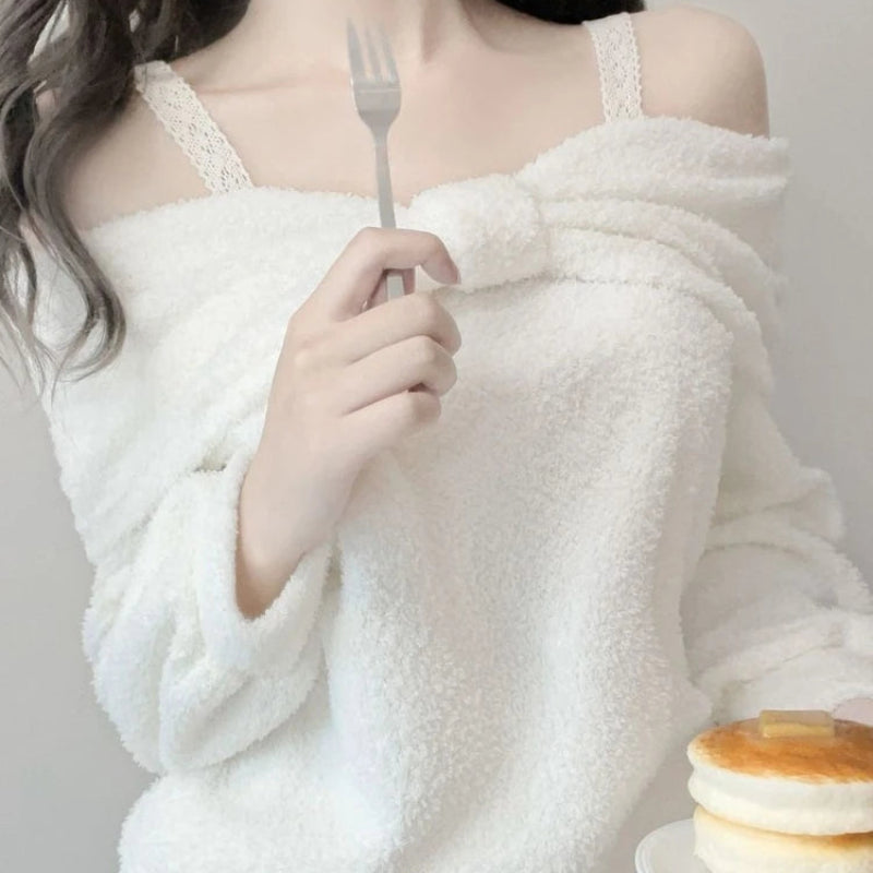 Kawaii White Sweet Off Shoulder Sweater worn by a woman eating pancakes 