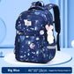 Blue backpack with space-themed design on a light blue background