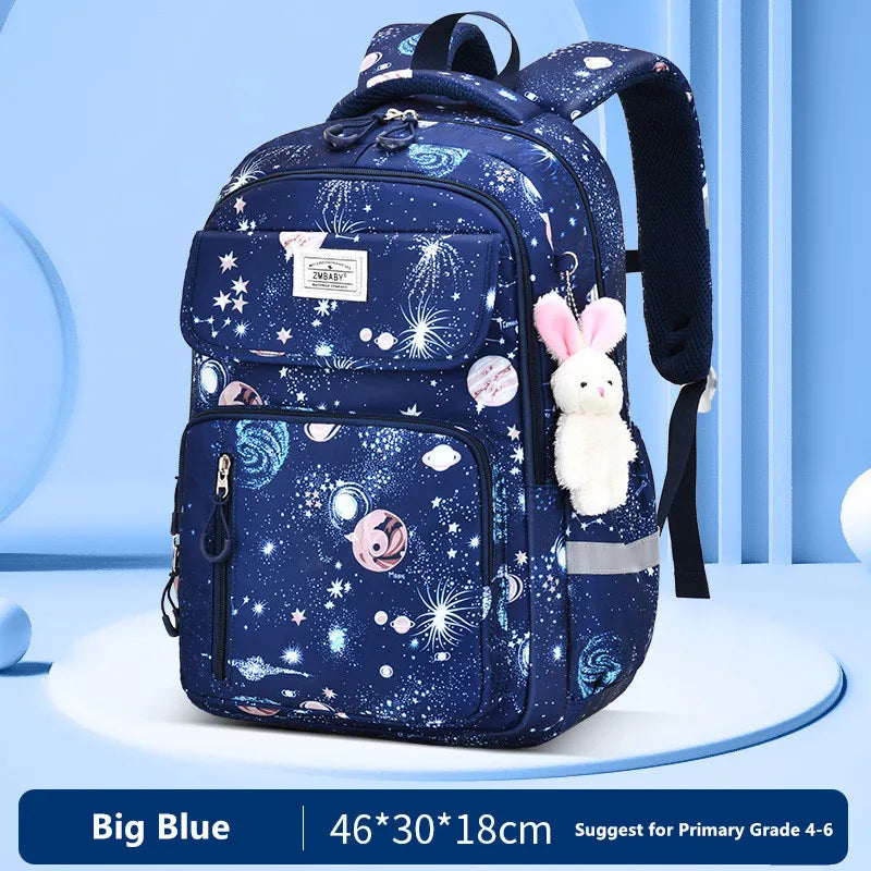 Blue backpack with space-themed design on a light blue background