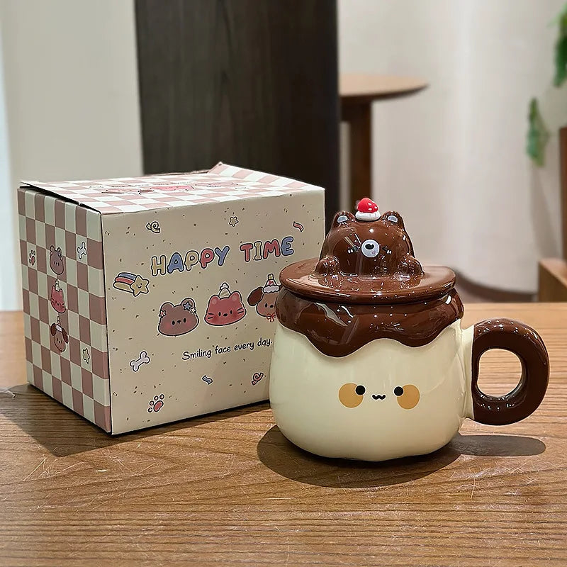 Multi colored Kawaii Animal Pudding Ceramic Mug sitting on a countertop 