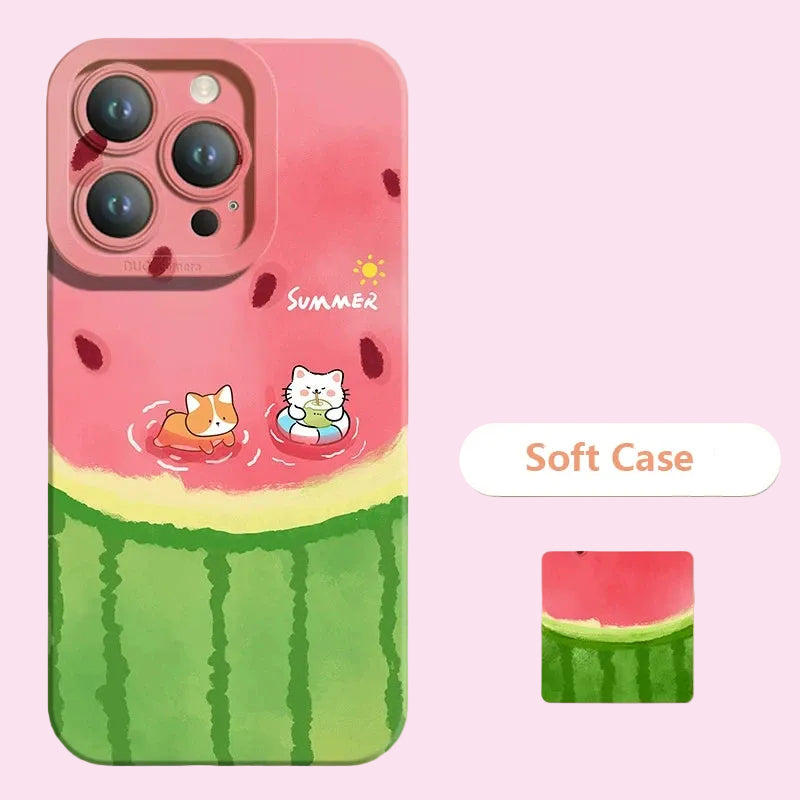 Phone case with watermelon design and cartoon cats on a beige background