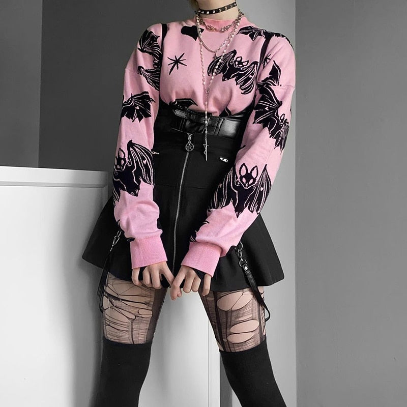 Kawaii Pink Goth Bat Print Sweater