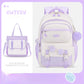 White and purple backpack with star designs on a light purple background