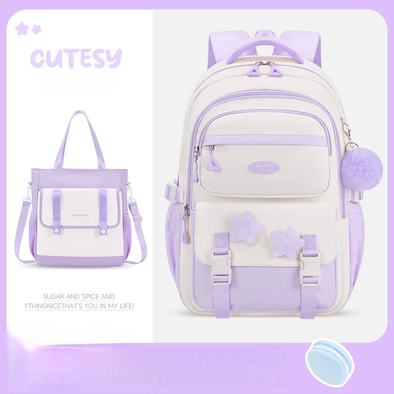White and purple backpack with star designs on a light purple background