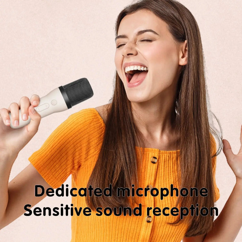 Cute Cat Mini Karaoke Speaker, this image describes the speaker as sensitive sound reception.
