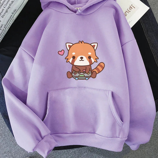 Purple hoodie with a cartoon red panda design on a gray surface
