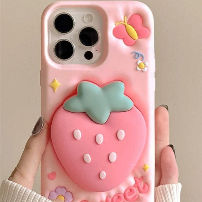 Rear view of Kawaii Sweet Strawberry Butterfly iPhone Case held by a woman