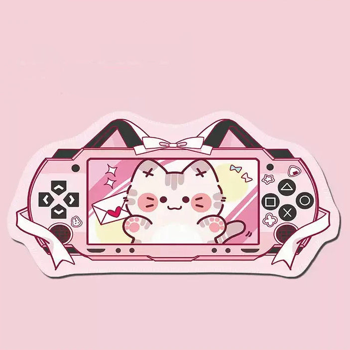 Cute gaming console mouse pad with a cartoon cat design on a pink background
