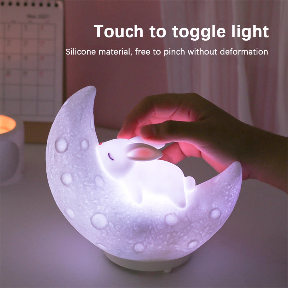 Kawaii Moon Bunny Night Light Speaker Touch Toggle