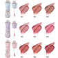 Collection of lip glosses with swatches in various shades on a white background