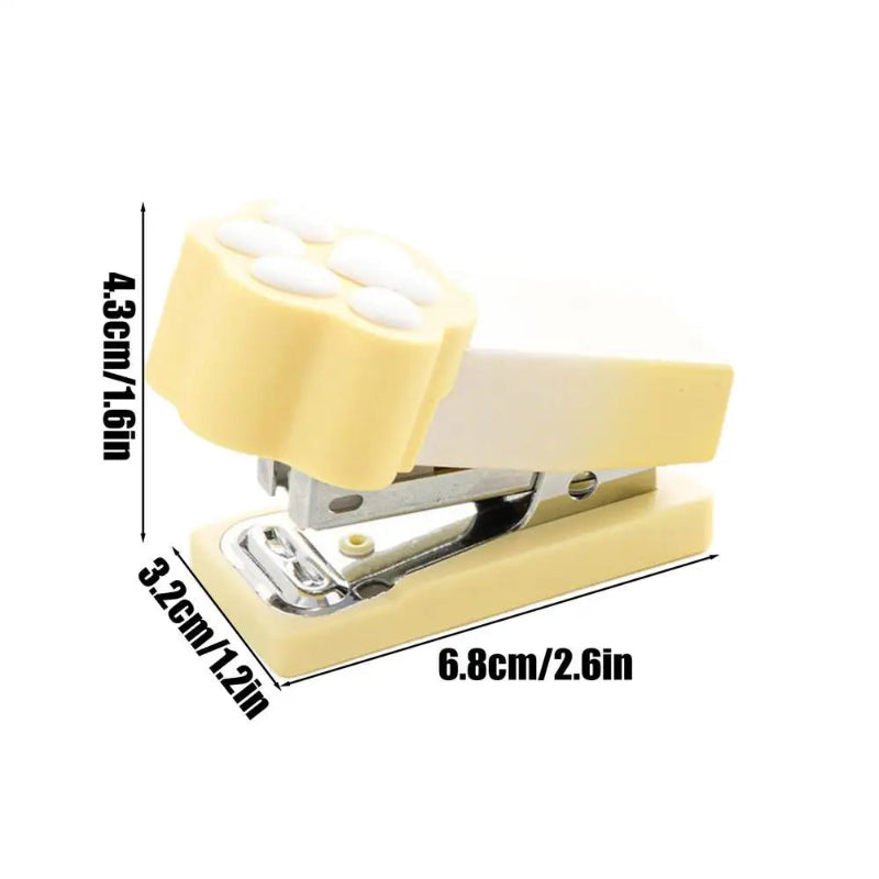 Kawaii Pastel Cat Paw Stapler, this image is showing the Yellow option of the stapler on a white background with measurements.