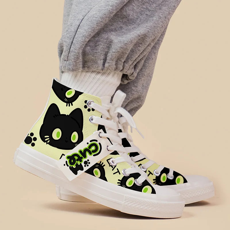 Sneakers with a black cat design on a beige background