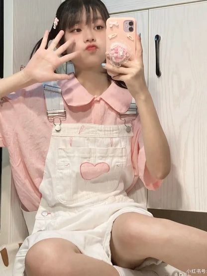 Pink Shirt and White Overalls Oufit