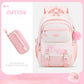 Pink backpack with accessories on a white background, featuring the brand 'Cutesy'.