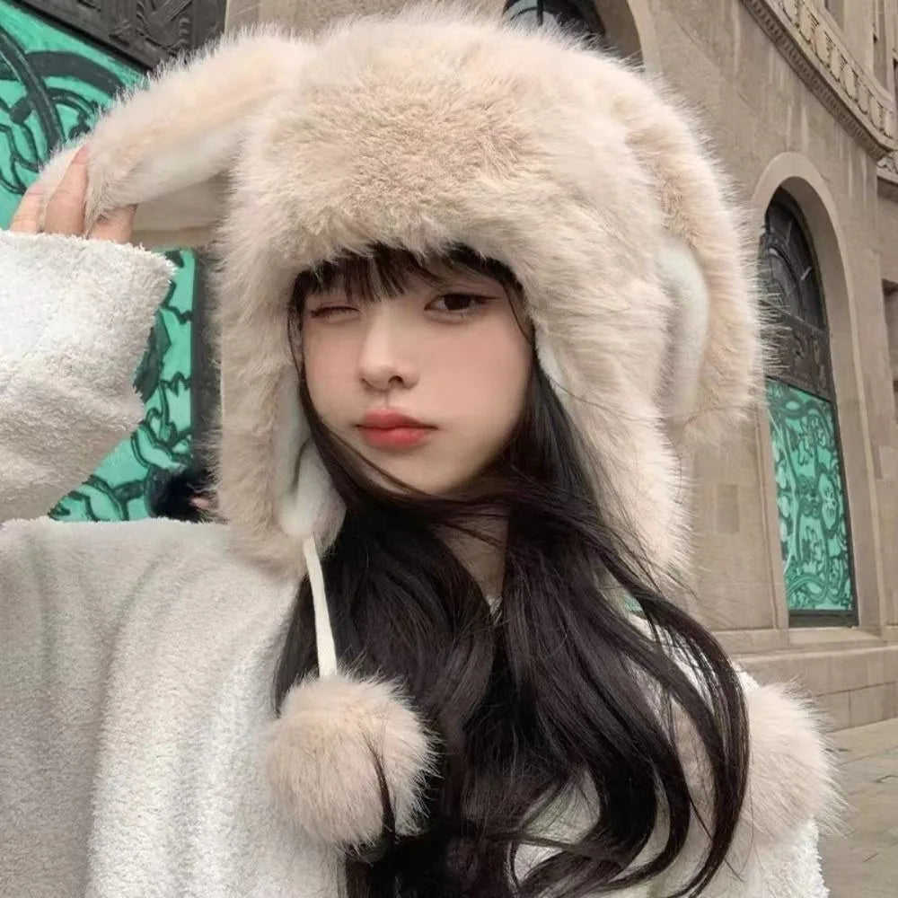 Kawaii Bunny Ears Plush Winter Hat in Khaki