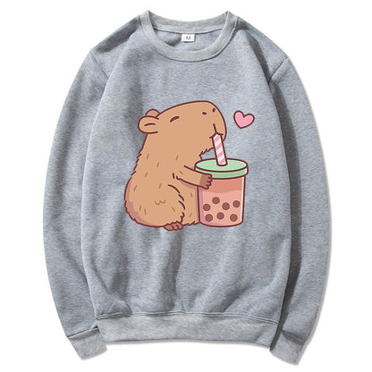Kawaii Grey Capybara Loves Boba Tea Sweater