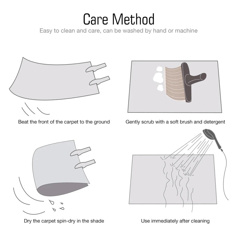 Care method instructions for a carpet with illustrations and text.
