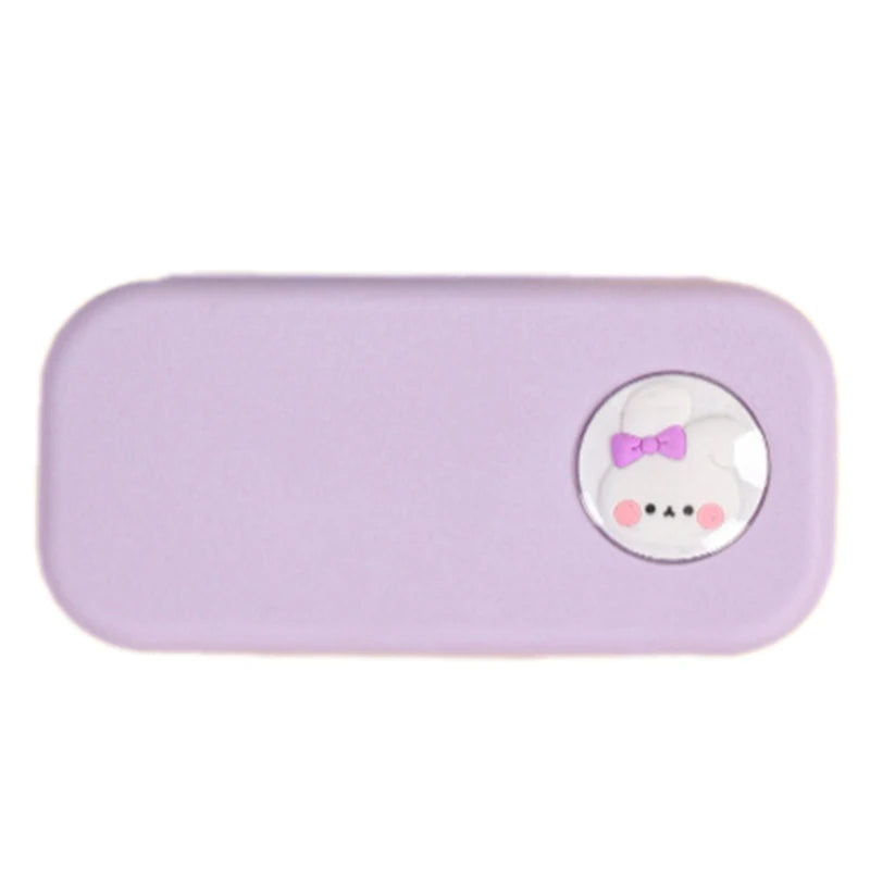 Purple rectangular case with a cartoon character button on a white background