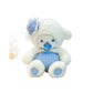 Cute white lamb plushie with blue accents and a pacifier on a white background