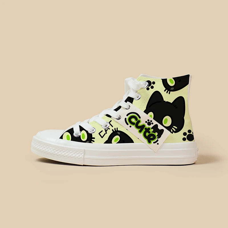 High-top sneaker with cat illustrations and 'Cute' text on a beige background