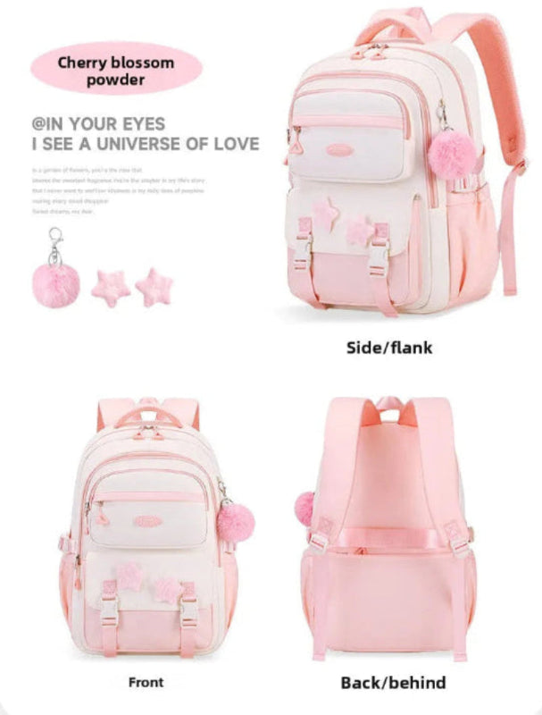 Pink backpack with cherry blossom design on a white background