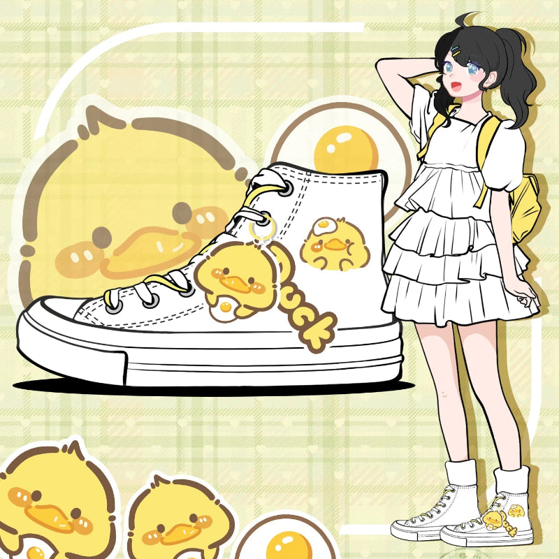 A stylized illustration showing a large white high-top sneaker decorated with yellow duck graphics and the word 'duck', next to a cartoon girl in a white dress and yellow backpack on a pale yellow plaid background.
