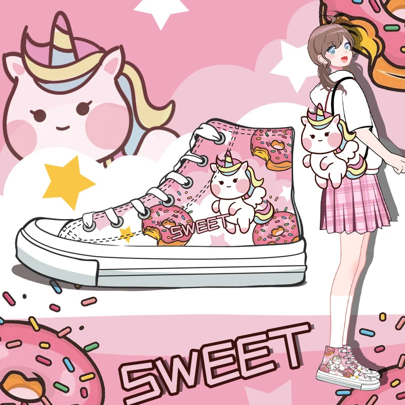 Kawaii Pink and White Unicorn Canvas Sneakers shown on a woman