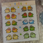 Sheet of stickers with cartoon birds on a clear background.