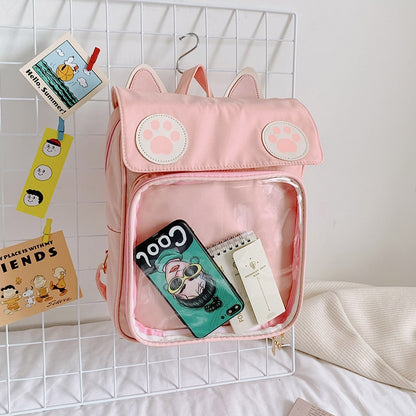 Kawaii Clear Pocket Cat Backpack in Pink
